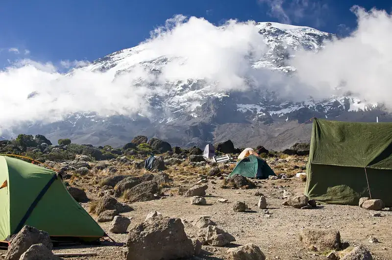 Tents at Karanga Camp at 4,000 m below the glaciers of Kibo, Kilimanjaro