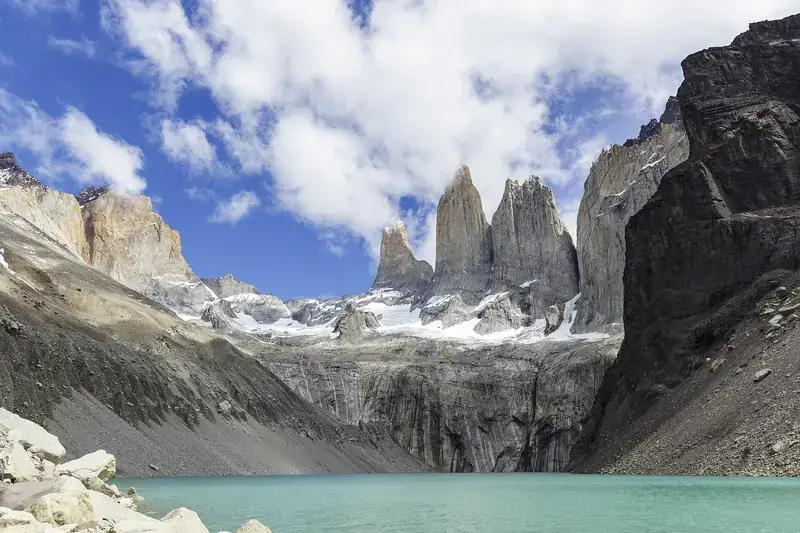The granite Towers of Paine above their glacial lake, Torres del Paine