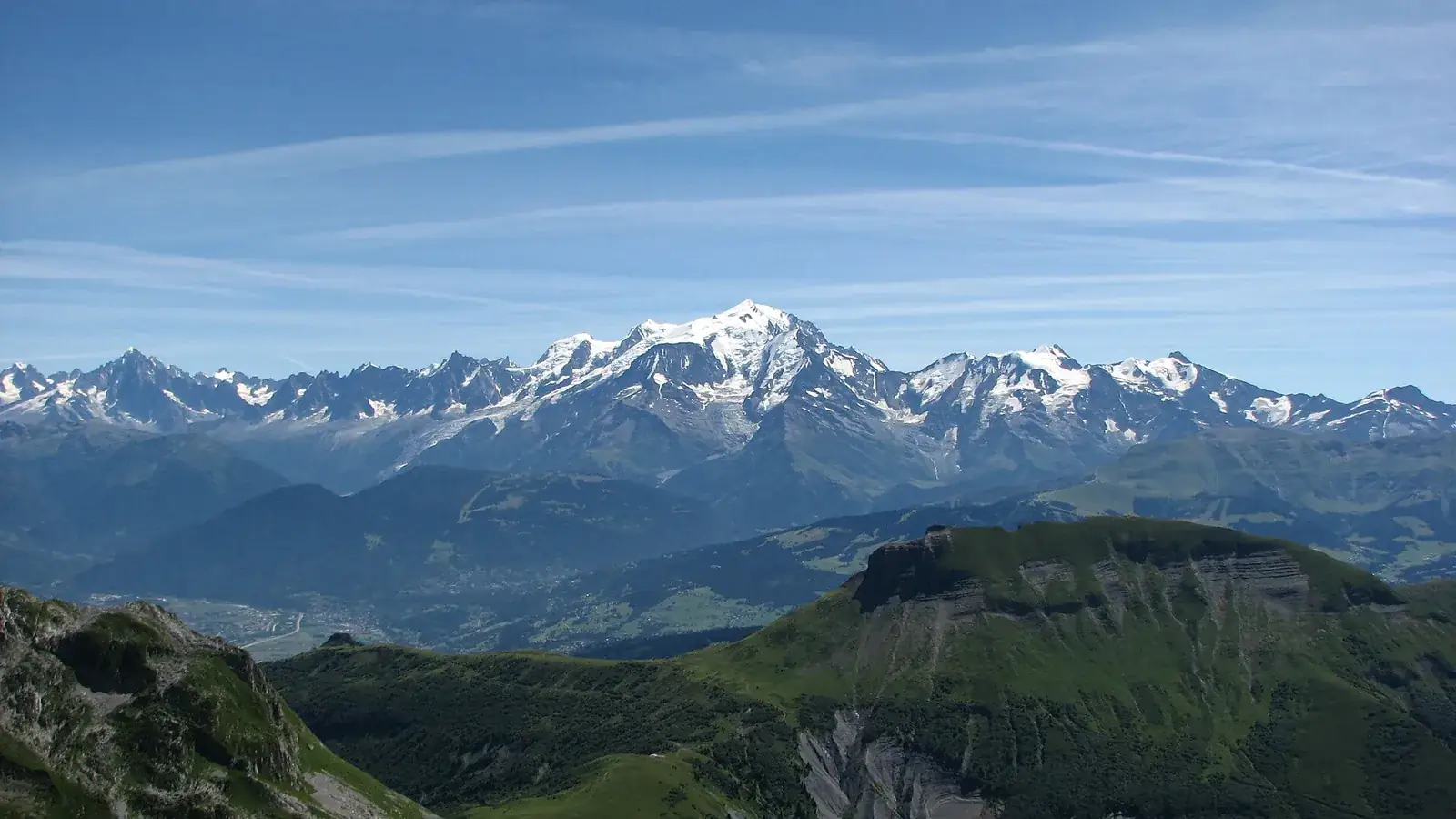 The Mont Blanc massif seen across alpine pastures